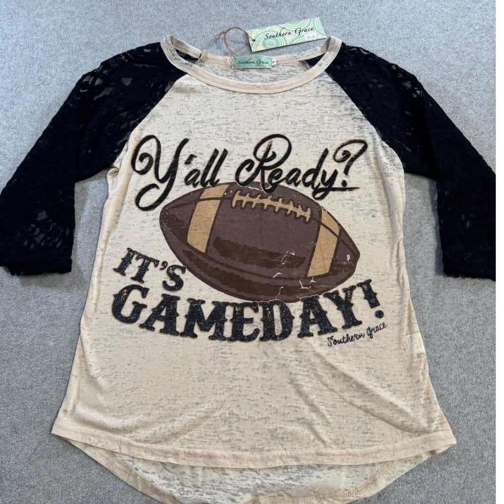 Southern Grace Raglan Top Womens Small Beige New Football Gameday Lace Sleeve